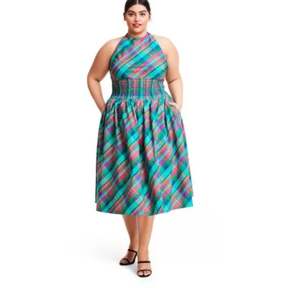 NWT Christopher John Rogers Target Plaid Halter Smocked Midi Dress Multi 16W/18W